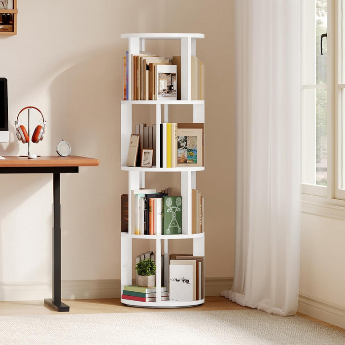 White Four Tier Rotating Bookshelf Tower Floorstanding