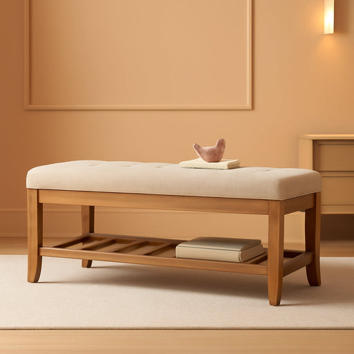 Large Rectangular Upholstered Tufted Linen Fabric Ottoman Bench, Padded Bench with Solid Wood Shelf-Linen