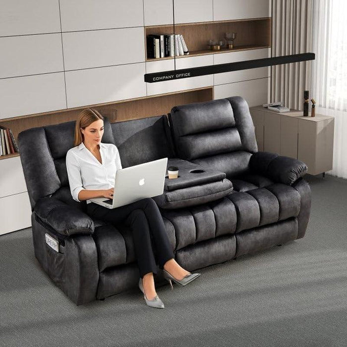 Reclining Couch for Living Room, 3 Seat Manual Recliner Sofa with Overstuffed Arms and Cup Holders,Flip Middle Backrest Design Sofa for Living Room, Bedroom, Grey