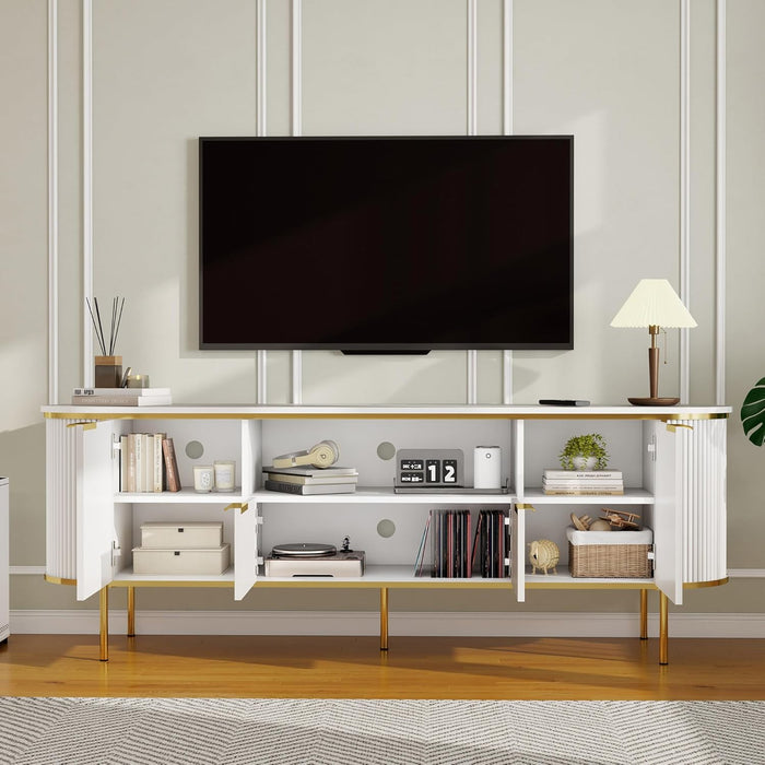 White Tv Stands for Living Room: 70" Tv Console Table with Storage, Modern Entertainment Center with Doors, Fluted Media Console Cabinet with Metal Legs (White, 70 Inch TV Stand)