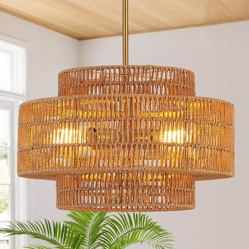 Boho Rattan Chandelier Four Light Fixture Goldtone