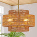 Boho Rattan Chandelier Four Light Fixture Goldtone