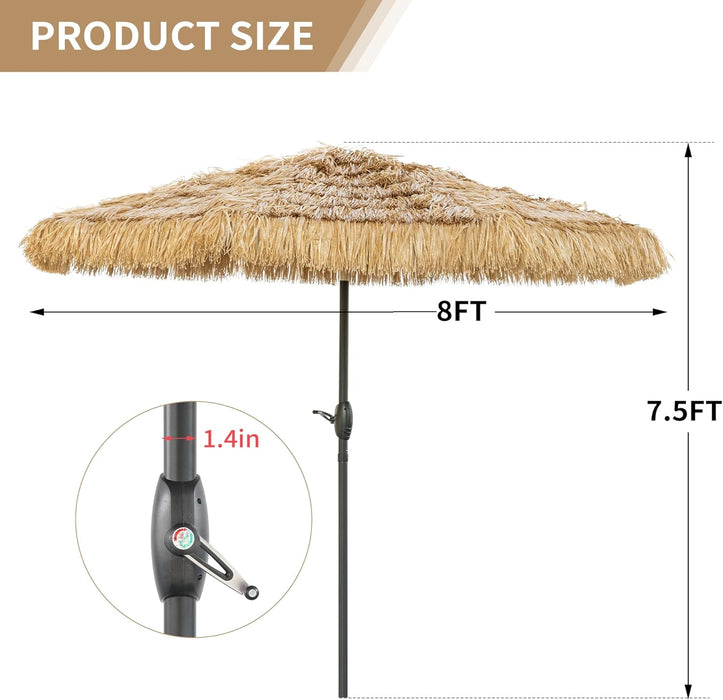 8FT Tiki Umbrella, Patio Umbrella Thatched Umbrella Outdoor Patio, Upgrade with UPF 50+, Tiki Beach Umbrellas with Zinc Alloy Push Button Tilt and for Pool Backyard