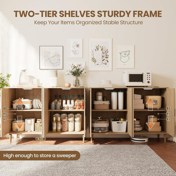 Rattan Sideboard Buffet Cabinet, Wooden Side Board Accent Buffet with Power Outlet, Wood Sideboard with 4 Doors, BOHO Cabinet for Entryway, Hallway, Dining Room, Living Room, Coffee Bar (Wood)