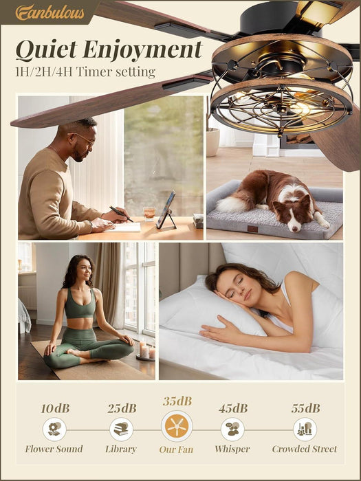 52 Inch Farmhouse Ceiling Fan with Light and Remote, Black Industrial Caged Flush Mount Ceiling Fans with 6 Speed Reversible Motor and Dual Finish 5 Blades, Rustic Ceiling Fan for Living Room, Bedroom