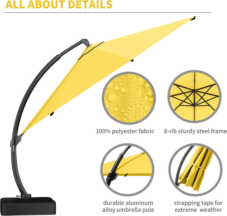 11Ft Offset Cantilever Patio Umbrella with Base Included, Large round Aluminum Outdoor Umbrella, 360° Rotation & Infinite Tilt, Heavy Duty Frame for Deck Pool Backyard, Yellow