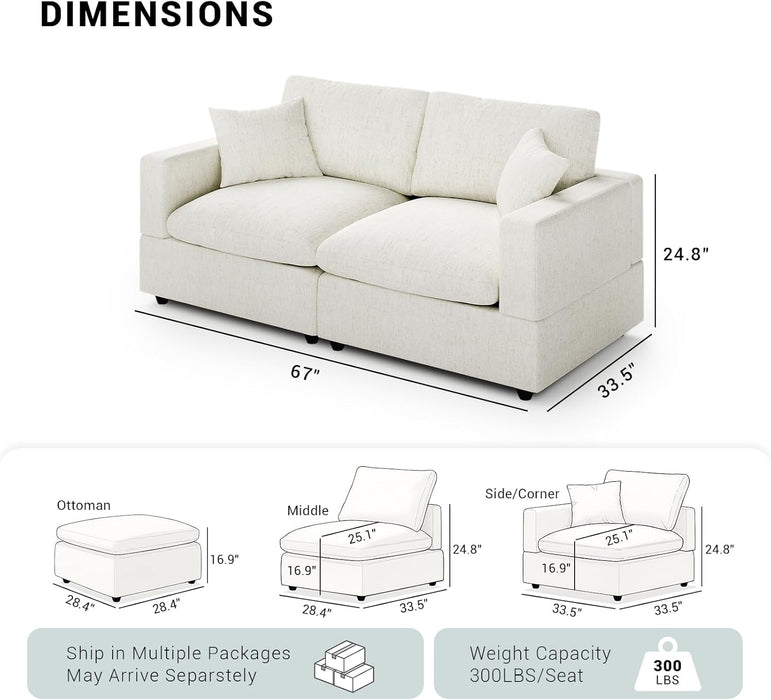 68-Inch White Modular Sectional Sofa Cushioned Comfort