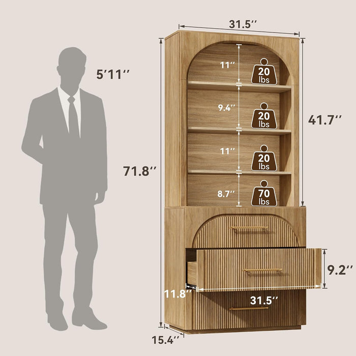 72" Tall Arched Storage Cabinet with Hutch, Bookcase with Open Shelves