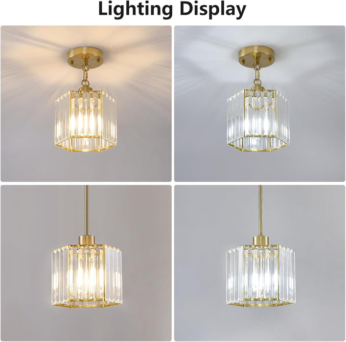 2 Pack Gold Pendant Lights Kitchen Island, Modern Crystal Pendant Light Fixtures, 1-Light Small Farmhouse Chandelier, Adjustable Brass Hanging Light Fixture for Dining Room, Hallway, Bedroom