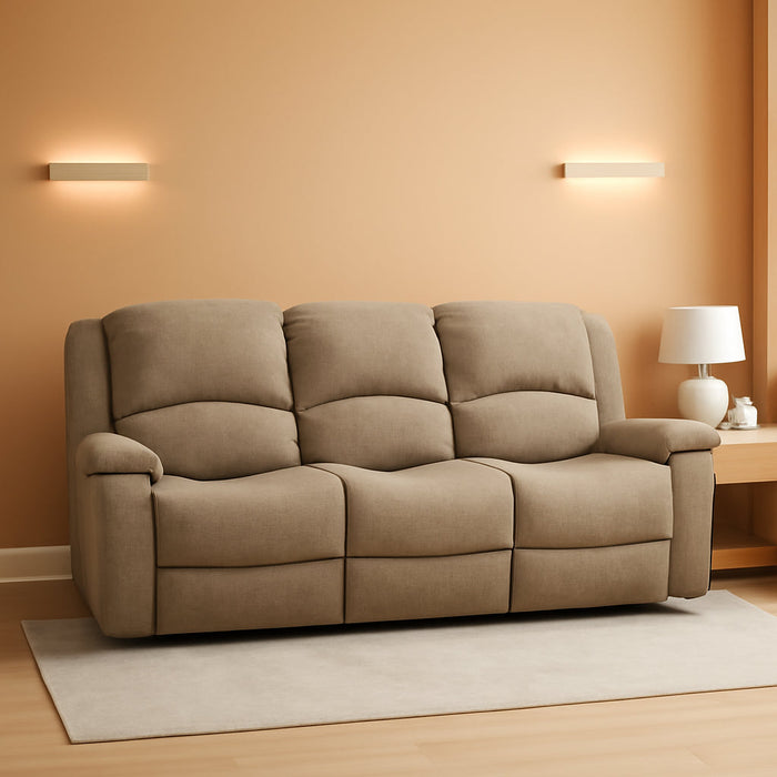 Charles 80" Triple Recliner RV Sofa with Console | Zero Wall Reclining Sofa for Camper | Wall Hugger Couch | Fifth Wheel Theater Seating | Replacement RV Furniture | Oatmeal Cloth