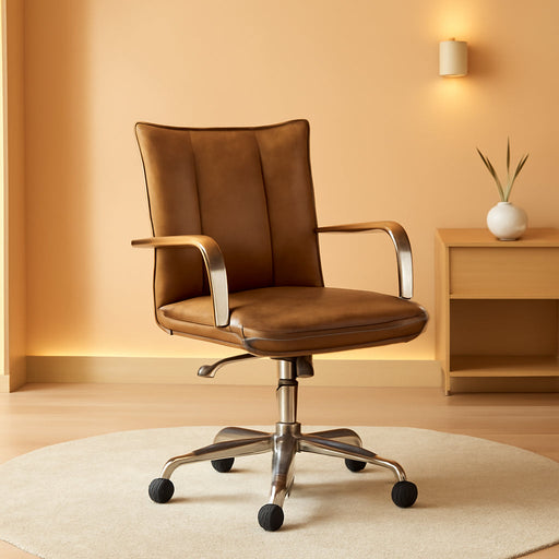 Faux Leather Home Office Desk Chair, Adjustable Swivel Computer Chair with Sliver Legs and Arms, Comfy Upholstered Task Chair(Camel)
