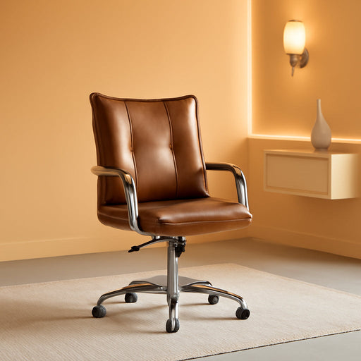 Faux Leather Home Office Desk Chair, Adjustable Swivel Computer Chair with Sliver Legs and Arms, Comfy Upholstered Task Chair(Brown)