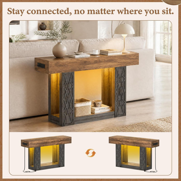 47" Console Table with Outlets & LED Lights, Farmhouse Entryway Table with Unique Geometric Pattern, Sofa Table behind Couch with 2-Tier Storage for Living Room, Hallway, Foyer, Grey & Brown