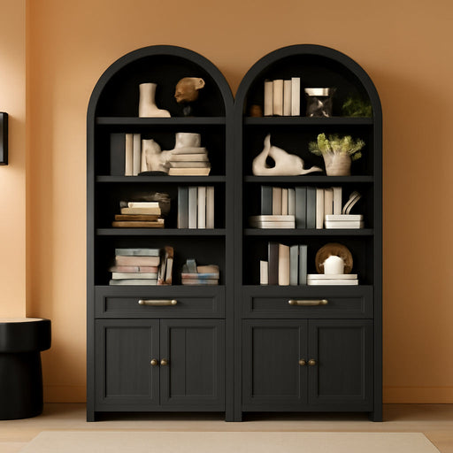 2 Pcs 84.2" Tall Arched Cabinets,Bookcase with Drawer Storage,Mid-Century Modern 6-Tier Bookshelf, 2 Book Risers and Adjustable Shelves Offering More Storage Space for Living Room,Kitchen, Black