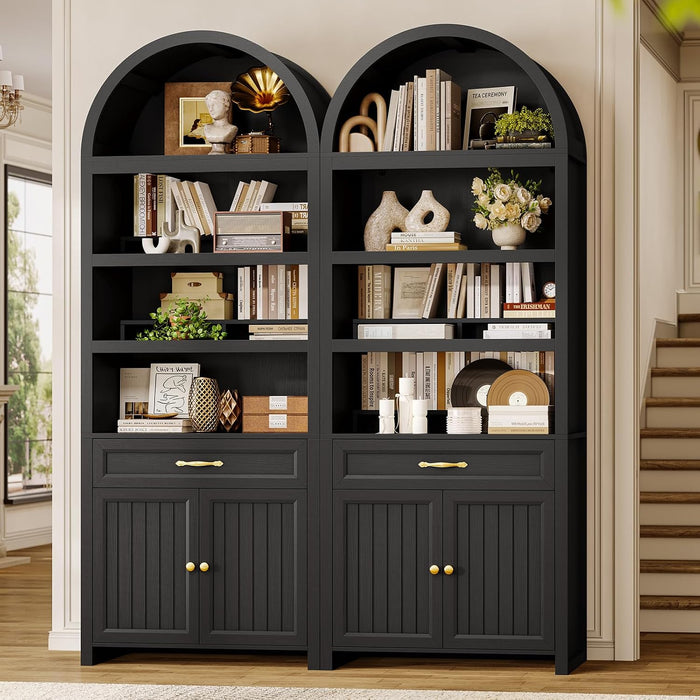 2 Pcs 84.2" Tall Arched Cabinets,Bookcase with Drawer Storage,Mid-Century Modern 6-Tier Bookshelf, 2 Book Risers and Adjustable Shelves Offering More Storage Space for Living Room,Kitchen, Black