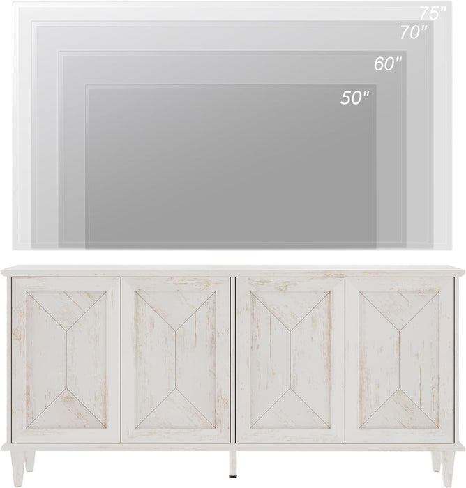 65" Modern Farmhouse TV Stand with Handcrafted Patchwork Doors for 55-75" Tvs, Entertainment Center Console with Cable Management, Adjustable Shelves Storage for Living Room, Pale Oak