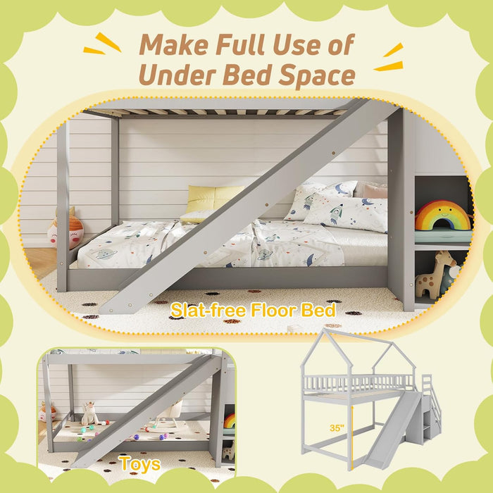 House Bunk Bed Twin over Twin with Slide & Stairs, Wood Bunk Bed with Storage Shelves, No Box Spring Needed, Twin Floor Bed for Kids Teens Boys Girls (Grey)