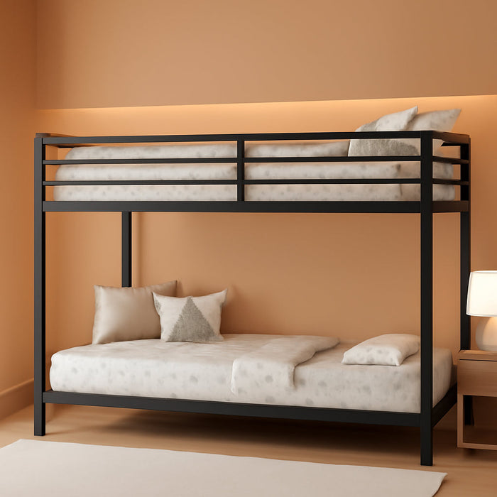 Twin Bunk Bed with Stable Ladder, Twin over Bed Frame with Full-Length Guardrail, Low Platform Bed Frame for Adults, Teens, Boys,Girls, No Box Spring Needed, Black