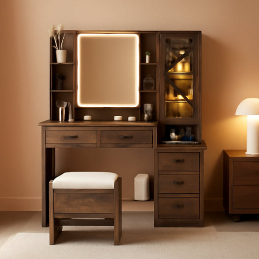 Farmhouse Vanity Desk with Mirror and Lights, Makeup Vanity Set with Lights & Jewelry Cabinet & 5 Drawers, Vanity Table with Charging Station, Hidden Storage Space for Bedroom, Brown