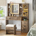 Farmhouse Vanity Desk with Mirror and Lights, Makeup Vanity Set with Lights & Jewelry Cabinet & 5 Drawers, Vanity Table with Charging Station, Hidden Storage Space for Bedroom, Brown