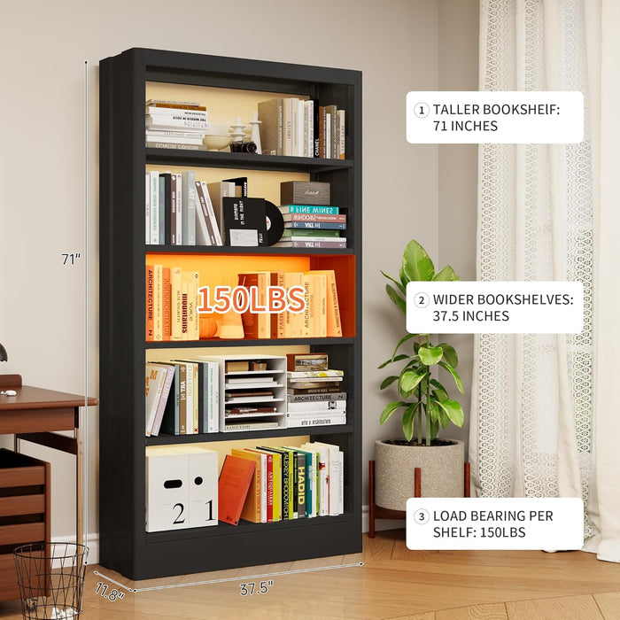 Black Metal Adjustable Bookshelf Five Shelves 71in