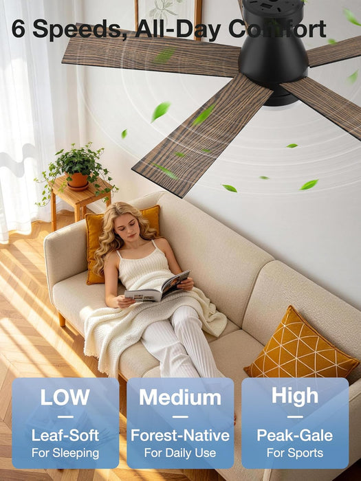 42In Smart Ceiling Fans with Lights Remote,Control via Voice Alexa App,Quiet DC Motor,Flush Mount Low Profile Ceiling Fan for Modern Bedroom,Patio,Outdoor Indoor,Black&Brown,6 Speed,Dimmable,5 Blade