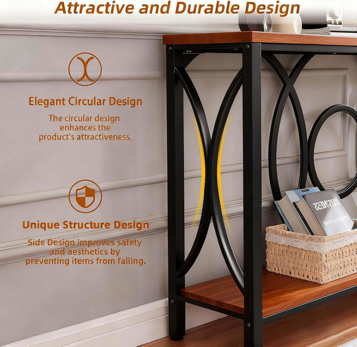 Sofa Console Table, Rustic Console Table with Faux Marbled Tabletop, Engineered Wood Entryway Tables with 2 Tier Storage, Narrow Sofa Table for Living Room, Hallway (55 Inch, Rustic Brown)