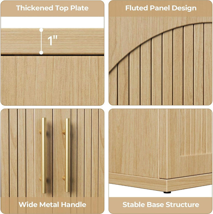 63" Fluted Buffet Cabinet, Oak Credenza with Adjustable Shelf