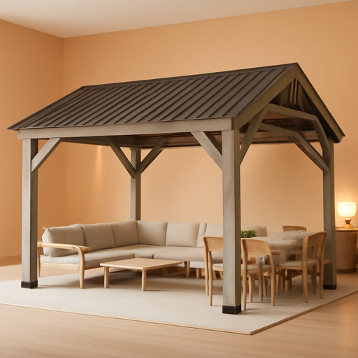 12' X 16' Outdoor Wood Gazebo, Permanent Cedar Wooden Pavilion with Galvanized Steel Hardtop Gable Roof, Heavy Duty Patio Gazebo for Garden, Backyard, Deck, Lawn and Outdoor Living Space