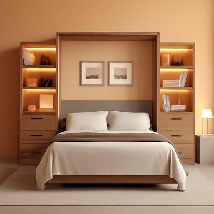 Queen Murphy Bed,Farmhouse Guest Beds,Folding Wall Bed with Hydraulic Bar,64" W Twin Murphy Beds with 2 LED Storage Cabinet for Small Spaces/Offices/Apartments/Guest Room,Brown+Walnut