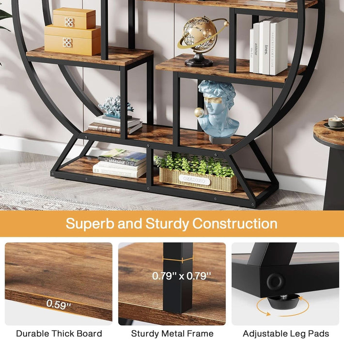 Bookshelf, round Bookshelves Etagere Bookcase, 63 Inch Industrial Wood Book Shelf with Staggered Shelves, Rustic Open Shelving Organizer Rack Display Shelf for Home Office, Living Room