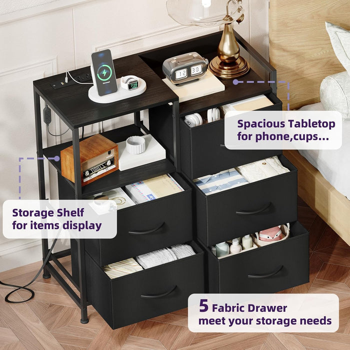 Black Nightstand with Charging Station and LED Light, Wide 5 Drawers Dresser for Bedroom with Fabric Bins and Open Shelf for Bedroom Kids Closet Dorm Guest Room, Black