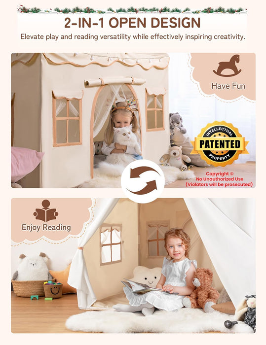 Kids Play Tent 2 in 1 with Padded Mat and Lights, Large Kids Playhouse with 2 Doors & 4 Windows, Indoor & Outdoor, Christmas Toddler Tent, 51" X35" X 51"
