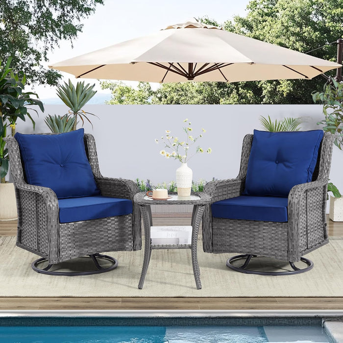 Patio Furniture Sets, 3 Pieces Wicker Outdoor Furniture - 360 Degree Swivel Rocking Chairs and Rattan Side Table for Garden,Porch,Backyard (Grey Wicker/Blue Cushion, 3PCS - Swivel Chairs)