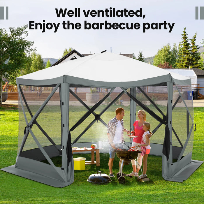 12X12Ft Pop-Up Gazebo EZ Set-Up Camping Canopy Tent with 6 Sides Mosquito Netting, Waterproof, UV Resistant, Portable Screen House Room, Outdoor Party Tent with Carry Bag, Ground Spike, Gray