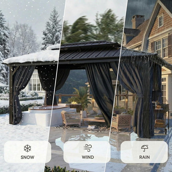 10X15 Hardtop Gazebo on Clearance with Galvanized Steel Double Roof,Heavy Duty Gazebo with Flame-Retardant Curtain & Netting, Permanent Pavilion Outdoor for Patio, Frame Thickened, Black