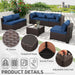 Outdoor Patio Furniture Set 7 Pieces Wicker Sectional Sofa Brown Rattan Conversation Couch with Coffee Table, Anti-Slip Thick Nave Blue Cushion