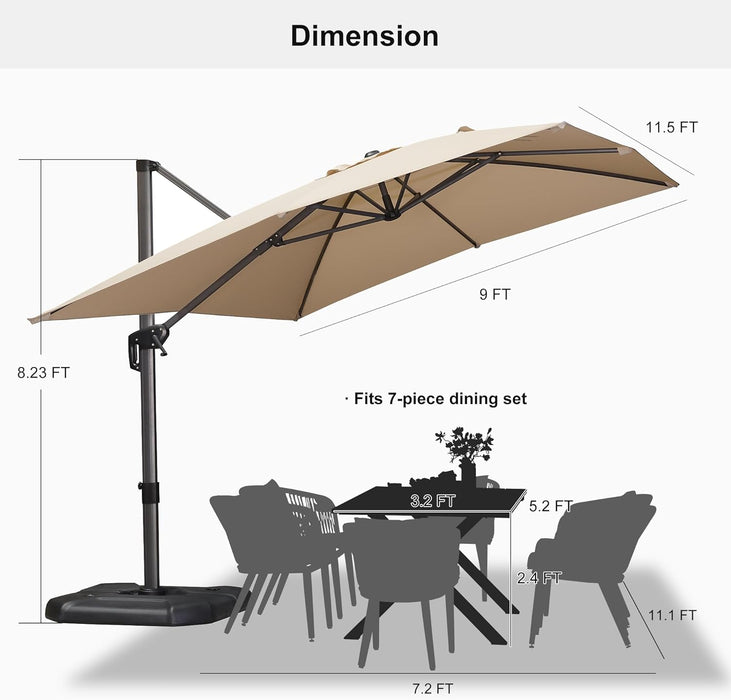 9' X 11.5' Patio Umbrella Outdoor Cantilever Rectangle Umbrella Aluminum Offset Umbrella with 360-Degree Rotation for Garden Deck Pool Patio, Beige