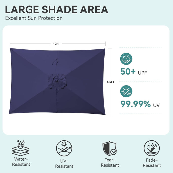 Rectangular Patio Umbrella, 6.5 X 10 Ft Rectangle Table Umbrellas W/Heavy Duty Ribs, Effortless Crank and Push Button Tilt, Wind Resistant Sun Umbrella for Outdoor Patio, Navy Blue