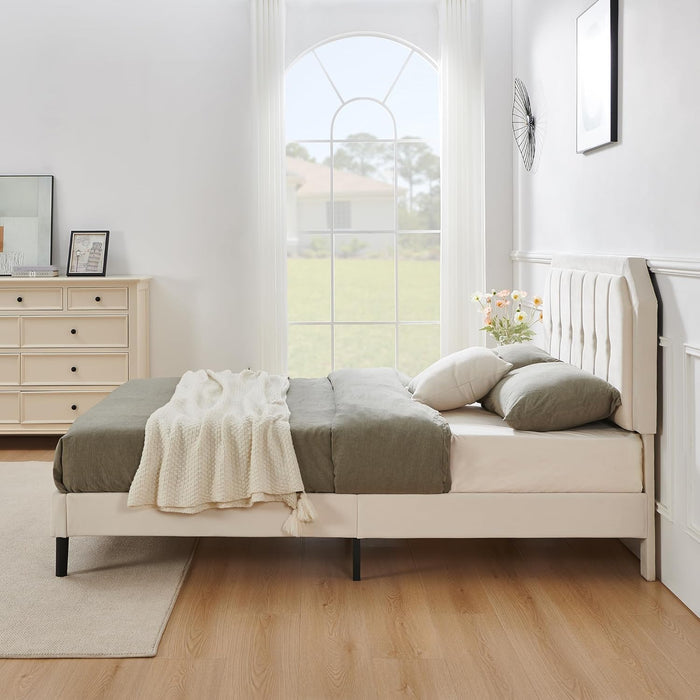 Queen Bed Frame, Velvet Upholstered Platform Bed with Golden Trim, Modern Style Bed with Adjustable Headboard, No Box Spring Needed, Strong Wooden Slats, No-Noise, Easy Assembly, Beige