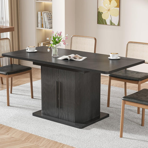 Extendable Black Dining Table for 4-6, 47-65 Inch Rectangle Dining Room Kitchen Table with Large Storage, Wood Sliding Door, Mid Century Modern Dinner Furniture, Fluted, Space Saving, Living Room