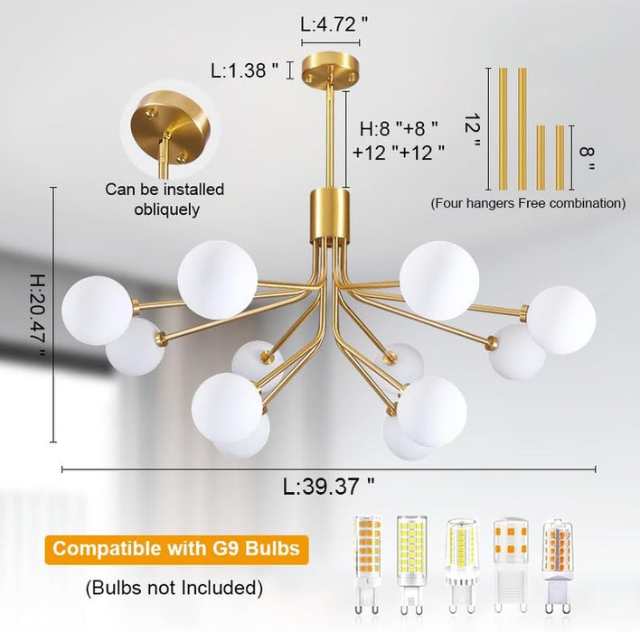 Gold Modern Chandelier 12-Light Glass Globe Ceiling Light Fixtures Mid Century Modern Sputnik Chandelier for Dining Room Kitchen Island Bedroom Living Room