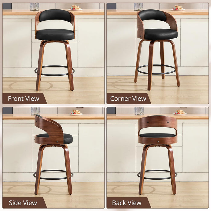 Swivel Bar Stools Set of 2,26" Faux Leather Upholstered Counter Height Barstools with Back,Mid-Century Modern Bar Chairs with Bentwood Legs and Footrest for Kitchen Island Bar Counter Black