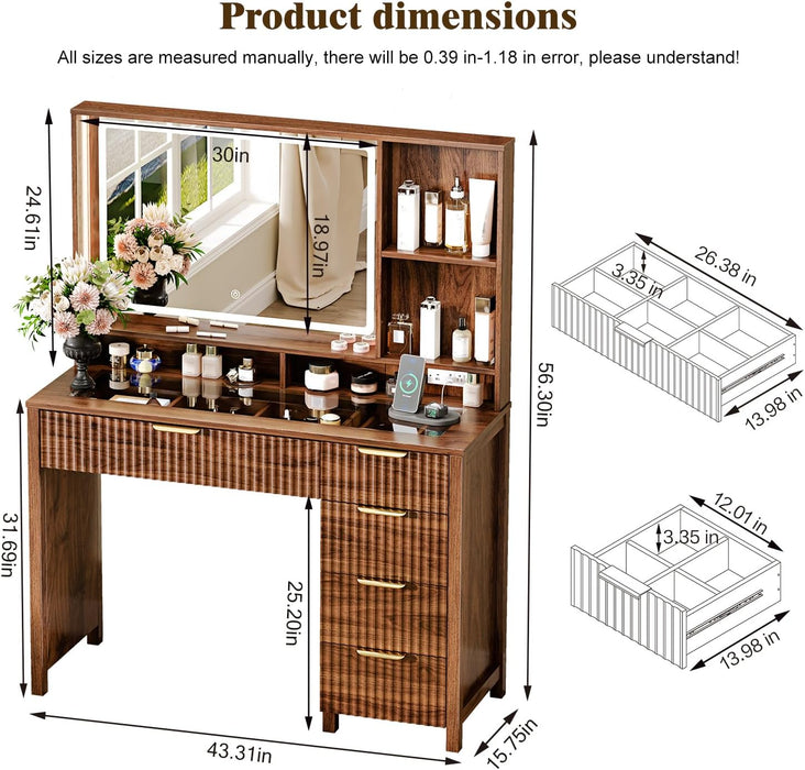 43.3'' Vanity Desk with Mirror and Lights, with Glass Tabletop, with 5 Drawers & Shelves,Makeup Vanity Set for Bedroom, Walnut1