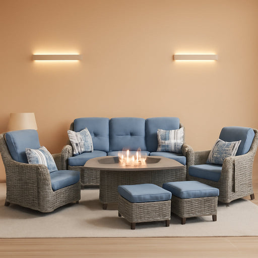 Luxury Patio Furniture Set with Fire Pit Table-6 Pieces All Weather Outdoor Swivel Rocker Chairs with Sofa and Ottomans. Outdoors Patio Conversation Sets for Porch Deck Garden Backyard(Grey/Blue)