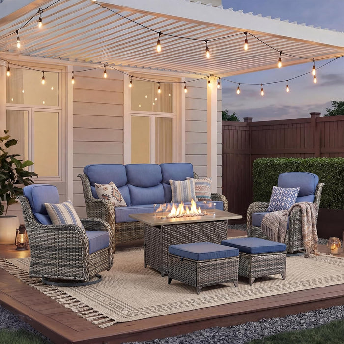 Luxury Patio Furniture Set with Fire Pit Table-6 Pieces All Weather Outdoor Swivel Rocker Chairs with Sofa and Ottomans. Outdoors Patio Conversation Sets for Porch Deck Garden Backyard(Grey/Blue)
