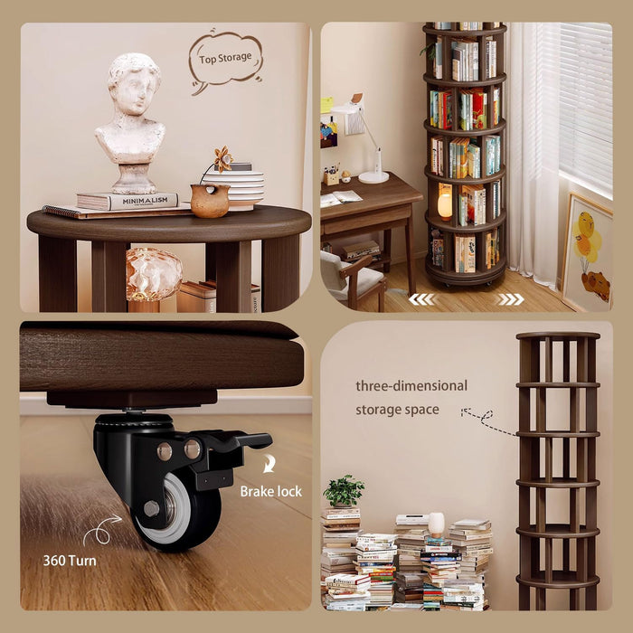 6 Tier Rotating Bookshelf 360° Solid Wood Spinning Book Shelf Tower on Wheels Rolling Revolving Bookcase for Small Spaces, Corner, Bedroom, Kids Room, Office — Walnut