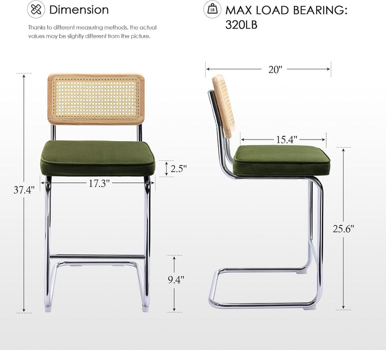 Natural Rattan Counter Stools Set of 2, 26" Modern Boho Barstools | Mid Century Modern Bar Stools with Cane Mesh & Chrome Legs, Vintage Velvet Fabric Counter Height Chairs for Kitchen, Green