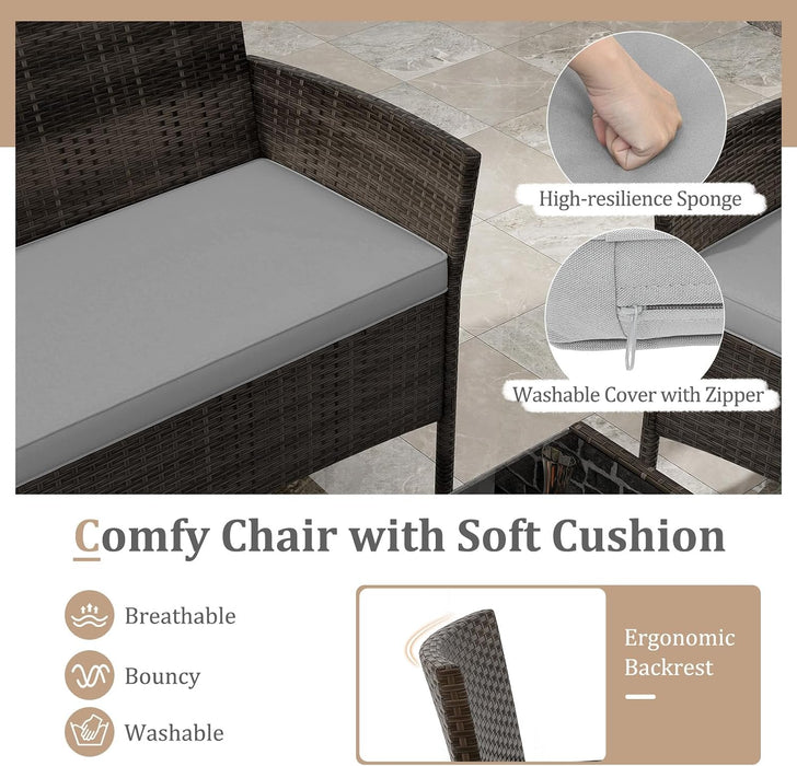 4 Piece Patio Furniture Set, Outdoor Rattan Conversation Set with Loveseat, Wicker Chairs, Tempered Glass Coffee Table, Wicker Patio Set for Backyard, Porch (Grey)