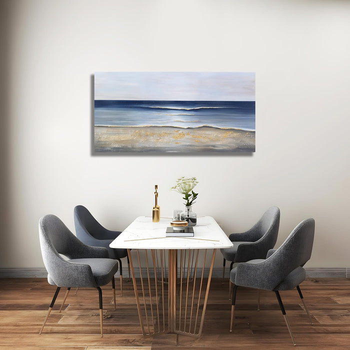 Ocean Wall Art Blue and Gold Modern Minimalist Wall Decor Sea Wave and Beaches Canvas Painting for Living Room Bedroom Dinning Room Home Office Home Decor 24X48 Inch
